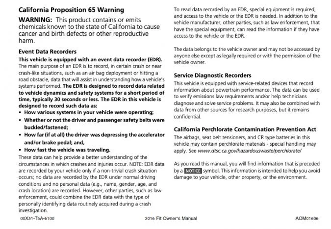 2016 Honda Fit Owner's Manual