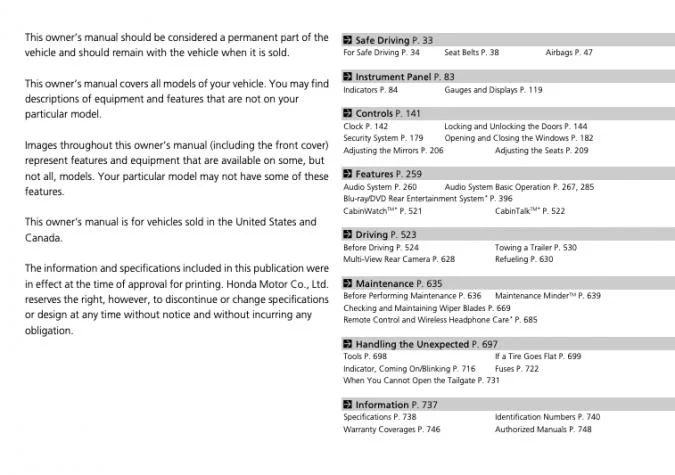 2018 Honda Odyssey Owner's Manual
